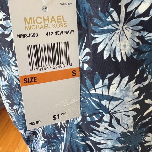 Michael Kors Palm Print Blouson High-Neck Tankini Top Navy Small - Picture 7 of 15